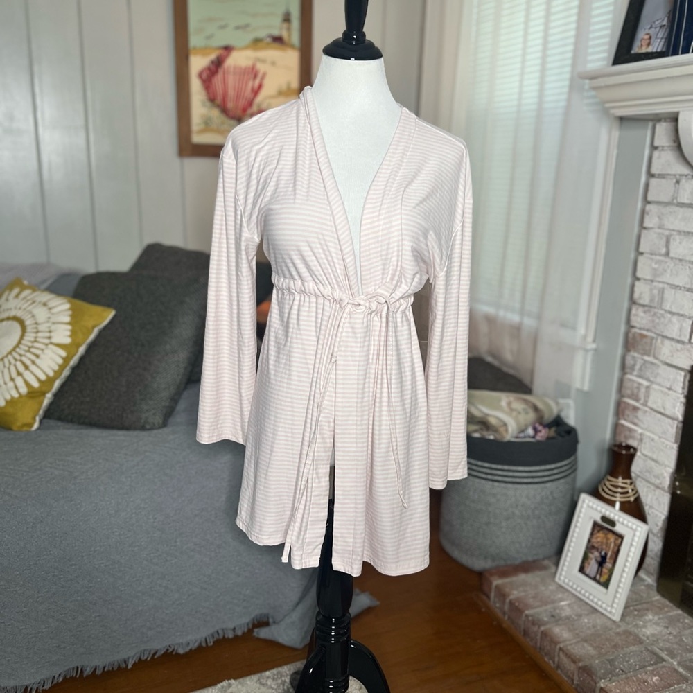 Be Yourself sleepwear pink white striped open front tie robe